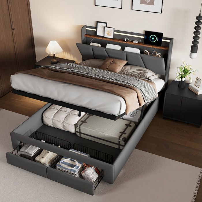 Lit coffre 140 x 190 avec sommier lit 2 personnes avec LED et USB pied de lit avec tiroir lit avec sommier à lattes en