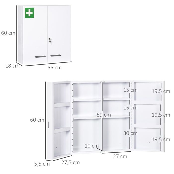 kleankin Armoire à pharmacie 2 portes avec 6 étagères armoire à pharmacie murale en acier blanc 55x18x60cm pour médicaments et prod