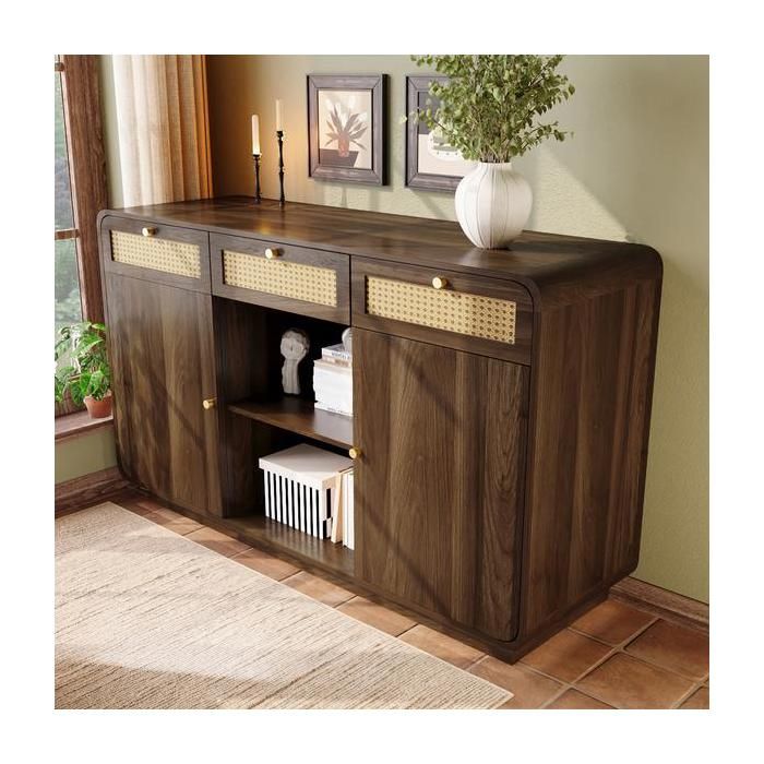 Buffet bas 120×40×85 cm avec poignées en rotin et dorées Buffet de cuisine avec 3 tiroirs + 2 placards Buffet salon en noyer