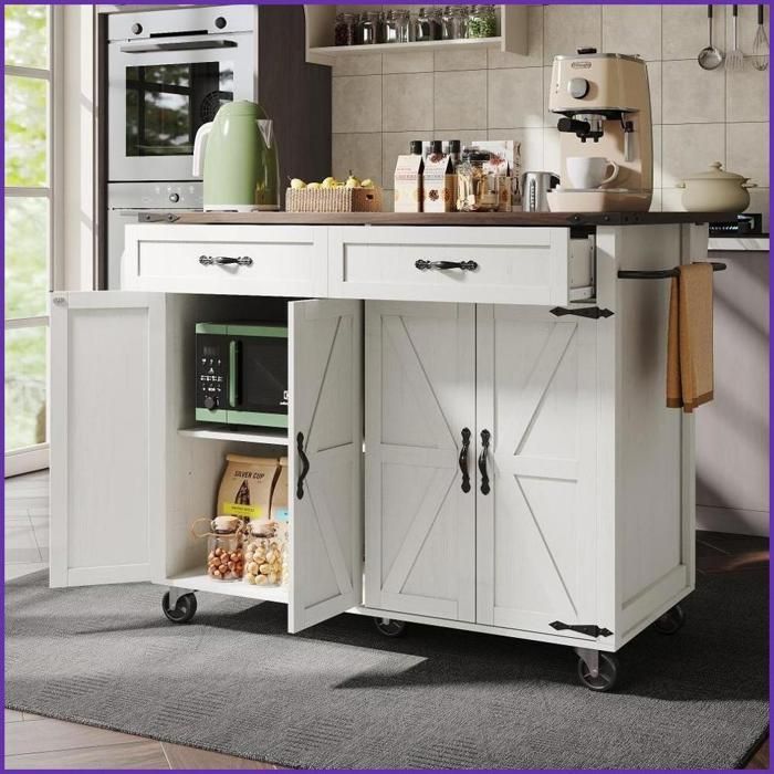 Chariot de Cuisine Mobile - Tablette Rétractable - 2 Tiroirs &amp  4 Portes - Finition Bois Noyer/Beige