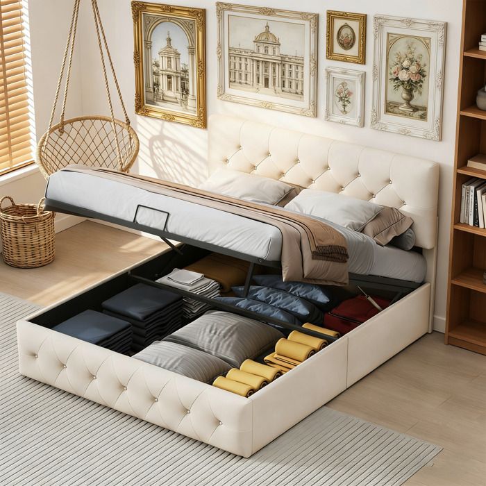Lit coffre hydraulique 160x200 cm Lit rembourré double Lit capitonné en velours avec tête de lit et sommier à lattes - beige