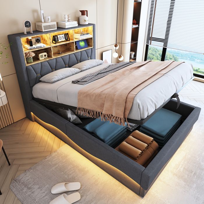 Lit Coffre 140x200cm avec Rangement LED Contrôlée App et USB Lit Rembourré avec Rangement Tête de Lit et Cadre Métal Lin Gris