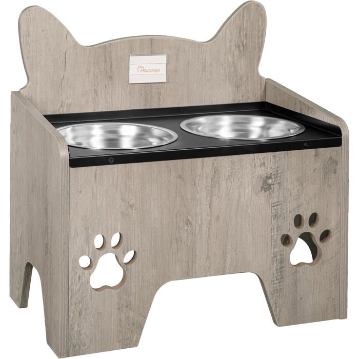 Gamelles Surélevées pour Chien Support de Gamelle pour Chien avec 2 Gamelles en Acier Inoxydable Ensemble de Gamelle Grège