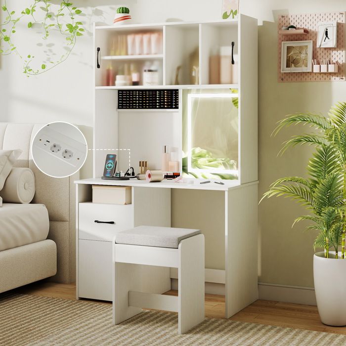 GIANTEX Coiffeuse avec Tabouret Miroir à Éclairage LED Règlable Station de Charge Étagères Ouvertes 100 x 50 x 170 cm Blanc GIANTEX Coiffeuse avec Tabouret Miroir à Éclairage LED Règlable Station de Charge Étagères Ouvertes 100 x 50 x 170 cm Blanc