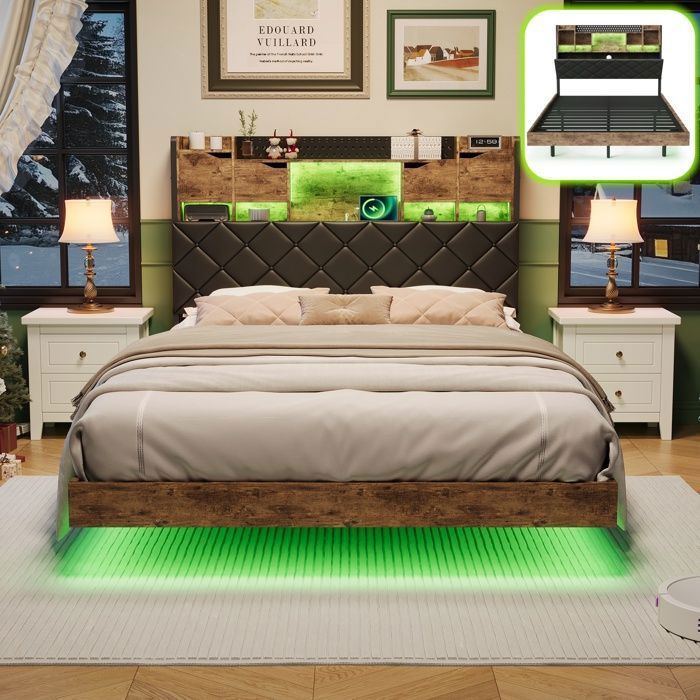 Cadre de Lit Flottant 160x200 Lit double avec LED USB Tête de lit double en cuir avec rangement Lattes en métalsans Bruit Noir