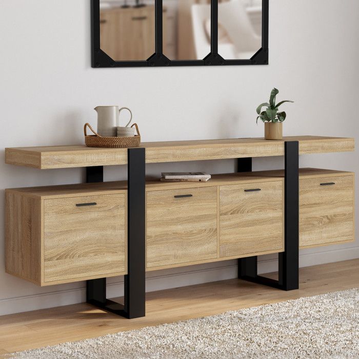 ID MARKET buffet PHOENIX 4 portes 200 cm Loft bois et noir