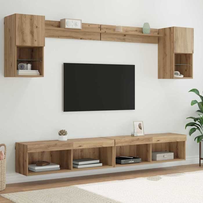 NEW 2026 LED Unités murales TV avec LED lot de 6 Meubles TV Moderne Chêne artisanal 221x30x60 cm L7315