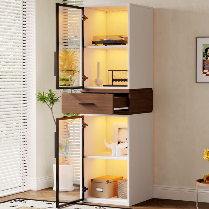 Vitrine en Verre LED Blanche - MERAX - avec 2 Portes Vitrées et Tiroir Noyer – Meuble Vitrine Moderne pour Salon 40 × 40 × 200 cm