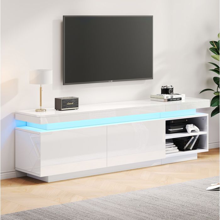 Meuble TV blanc finition brillante avec éclairage LED 2 portes et gestion des câbles