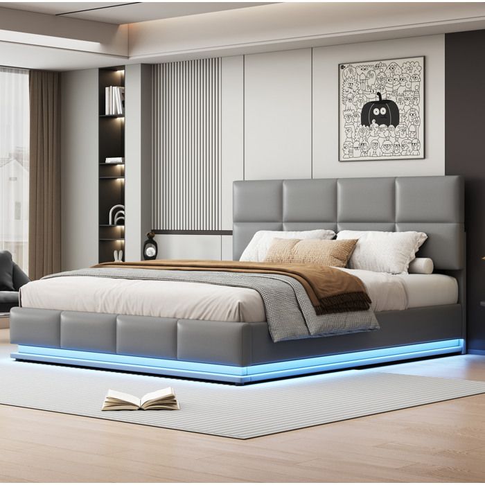 Lit Double avec LED Coffre Hydraulique et Sommier a Lattes - ELVMI - en Similicuir Gris Clair 180 × 200 cm