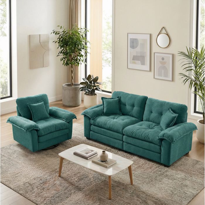 Set canapé 2 pièces vert en chenille : fauteuil pivotant et canapé 2 places