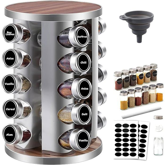 Tour à Épices Rotatif 360° avec 20 Pots en Verre - Support Acier Inoxydable 430 Organisateur Cuisine & Barbecue - 19x19x35cm