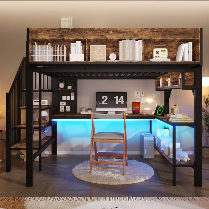 Luscriate - Lit mezzanine 140x200 cm avec bureau dangle rangement panneau perforé USB-C et LED – noir