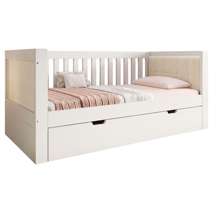 ULEVR lit banquette avec lit gigogne 90x190 cm dossier 3 côtés rembourré sommier à lattes blanc et bois