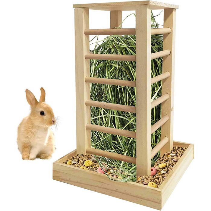 Mangeoire à foin en bois – Mangeoire automatique pour lapins râtelier à foin vertical en libre-service pour animaux de compagnie