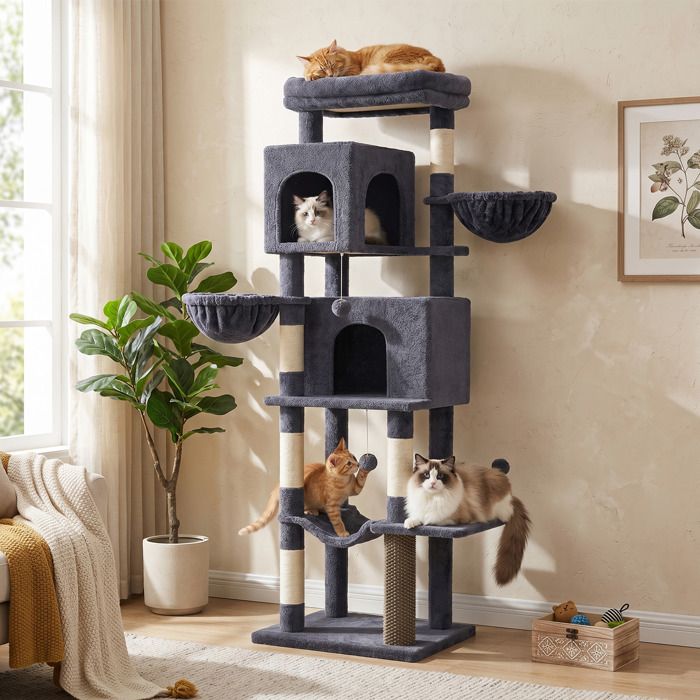 Grand Arbre à Chat 174 cm 2 Paniers 2 Niches 5 Griffoirs Toilettage Autonome Hamac Perchoir Gris Foncé