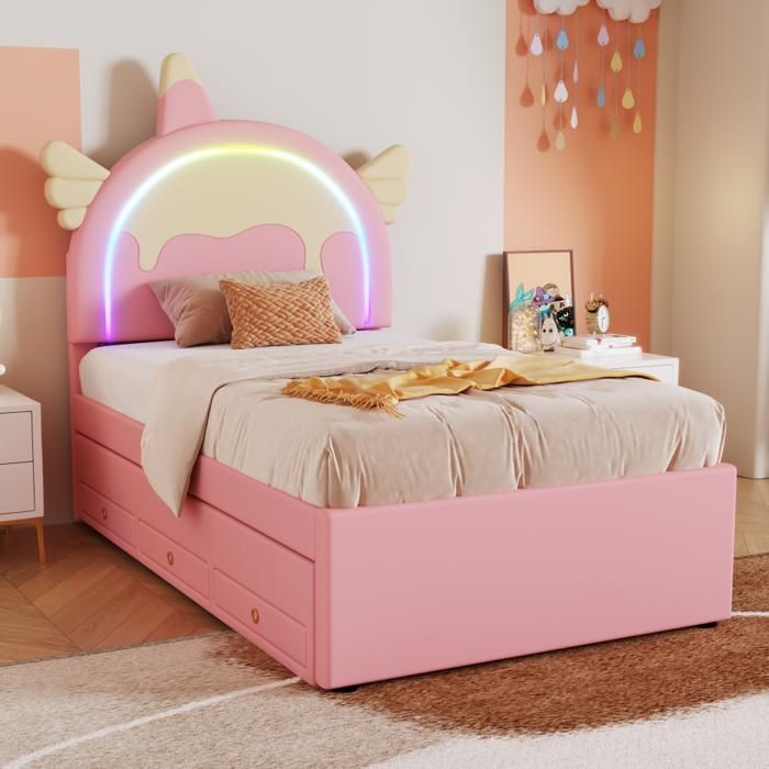 Lit Enfant Licorne PU Rose-Lit Gigogne Inclus 90x200cm-Sécurité Ludique-Stable Rangement-Sans Matelas