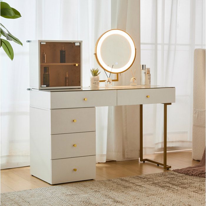 Coiffeuse avec miroir LED 3 couleurs plateau en verre trempé meuble latéral modulable blanc et doré 120 x 45 x 115 cm