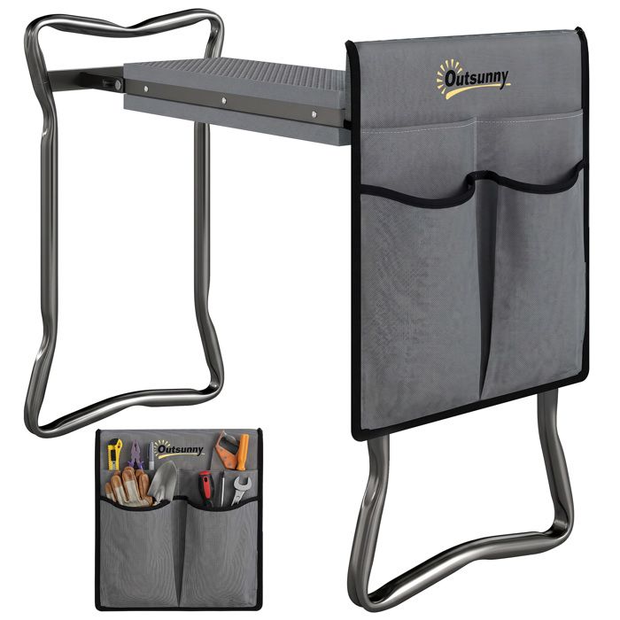 Tabouret de jardin - Outsunny - pliable 2 en 1 coussin en mousse EVA 4 poches à outils amovible charge 150kg - acier - gris