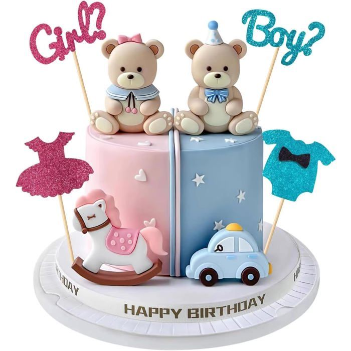 Lot De 8 Décorations De Gâteau Gender Reveal - Motif Ours En Peluche - Robe À Paillettes - Grenouillère - Ours En Peluche[BB1963]