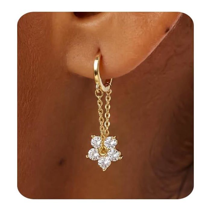 Boucles DOreilles Cercles Pour Femme Plaqué Or 14K Boucles DOreilles Chaîne Avec Franges En Fleur Zircon Minimalistes Légè[PP11]