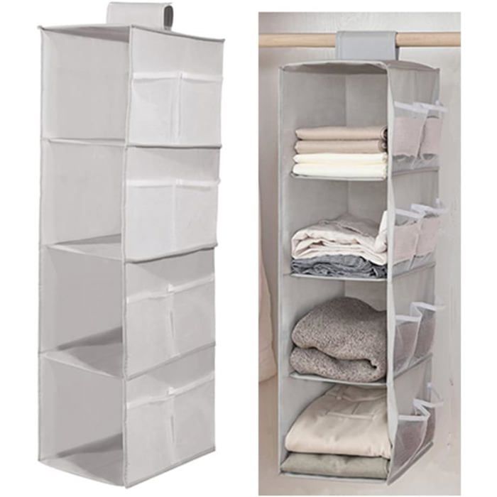 Étagères De Rangement Suspendues Etagere De Penderie À Suspendre Pliable 4 Compartiments Organisateur Vetement Armoire 12 Poches