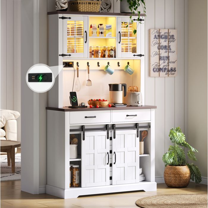 MEUBLIV Buffet de cuisine 108 x 37 x 181 cm avec plan de travail LED RGB prises USB 6 tiroirs blanc