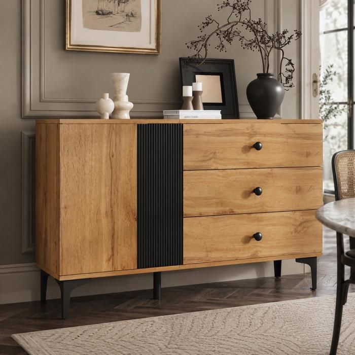 Buffet de Salon 120x35x76 cm COZHYESS Bahut Effet Bois et Noir 1 Porte 3 Tiroirs Rayures Verticales Pieds en Métal - Noir Bois