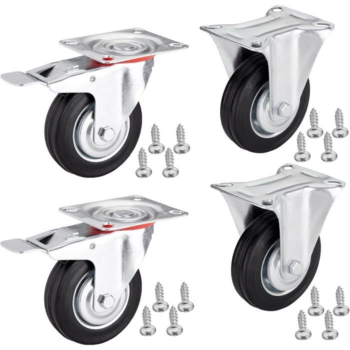 4 Pièces Roulettes De Transport Red Ø 75 Mm (2X Roulettes Fixes 2X Roulettes Pivotantes Avec Frein) Hauteur 96 Mm Plaque À Visser