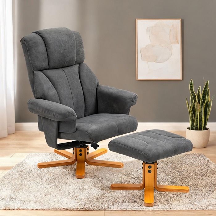 Fauteuil relax en velours gris foncé dossier inclinable 130° avec repose-pieds salon