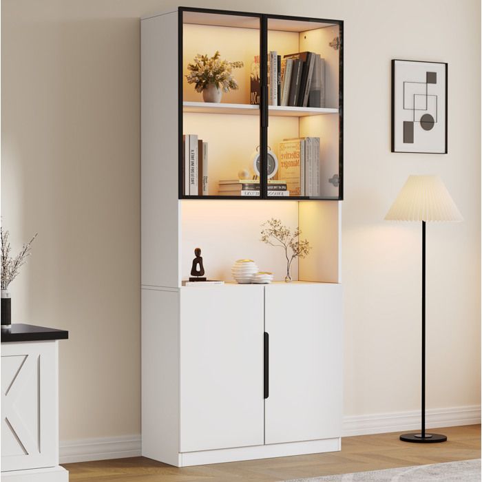 Vitrine Blanche Portes En Verre Bibliotheque LED Moderne FloraGrace Pour Salon Ou Salle A Manger Rangement 3 Zones 80x30x200cm