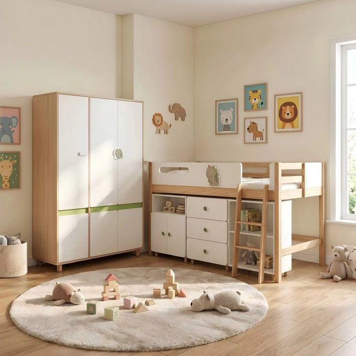 Ensemble chambre enfant - GINGER HOME - DINO - Lit combiné 90x200 cm - Armoire 3 battants 120x60x180 cm - Blanc/Vert/Bois