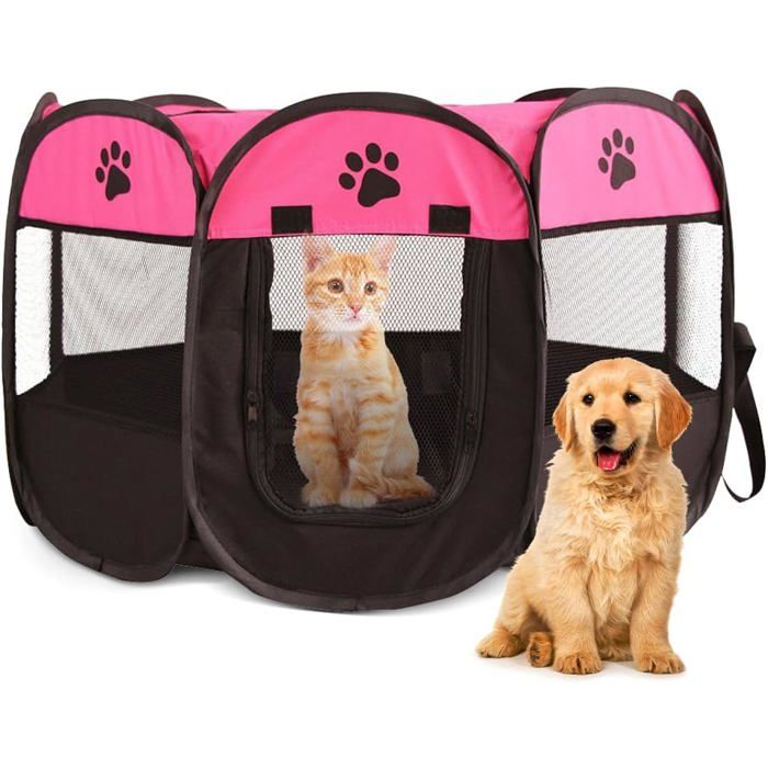 Parc pliable 2 portes 74 x 74 x 43 cm - Portable pour petit animal intérieur et extérieur - rose