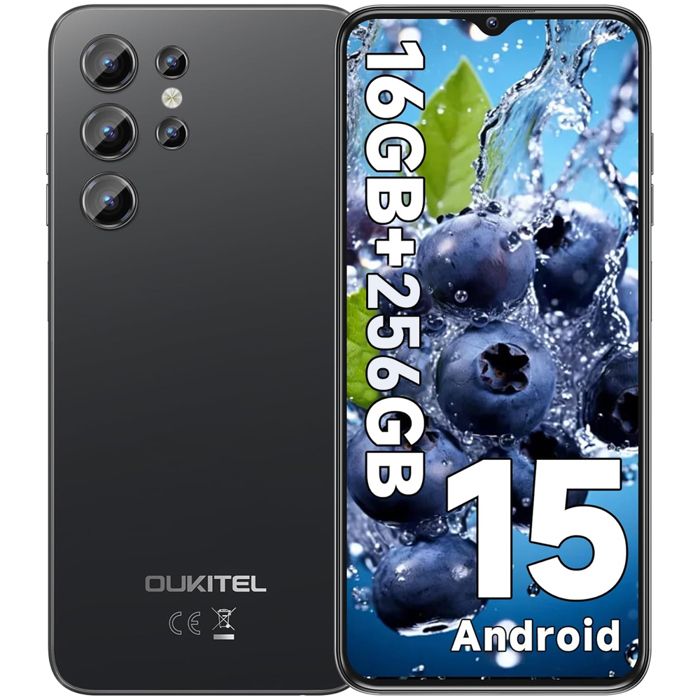 OUKITEL C1 Pro Smartphone 16GO+256GO/1TO AMOLED 6.52 Telephone Portable Android 15 13MP AI Telephone Fingerprint/3 Card Slots Noir