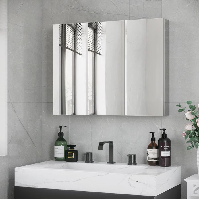 Armoire de salle de bain murale miroir – acier inoxydable – 3 portes 5 étagères – argent – 70 x 12 x 55 cm