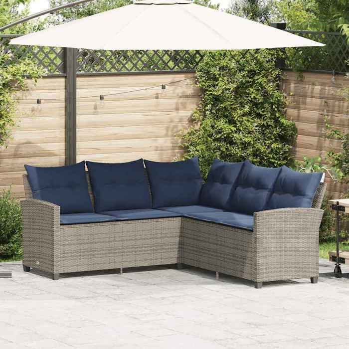 Gris Canapés en forme de L avec coussins gris résine tressée - Meuble de balcon LV58797