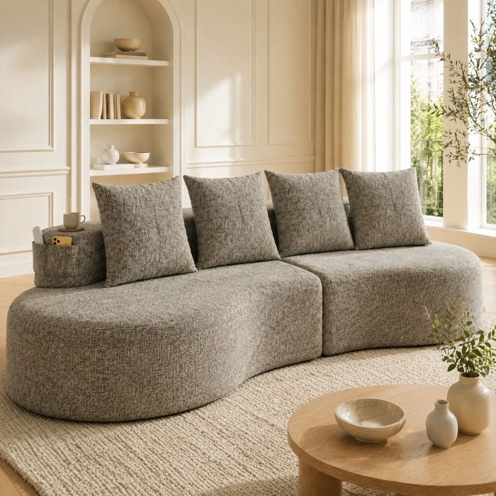 Canapé fixe lin 240 cm 4 coussins porte-gobelet poches latérales mousse haute densité 250 kg khaki JOINERY