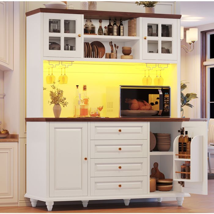 Maisentiel buffet de cuisine haut 140 x 40 x 179 5 cm MDF blanc avec LED RGB 4 tiroirs et étagères réglables