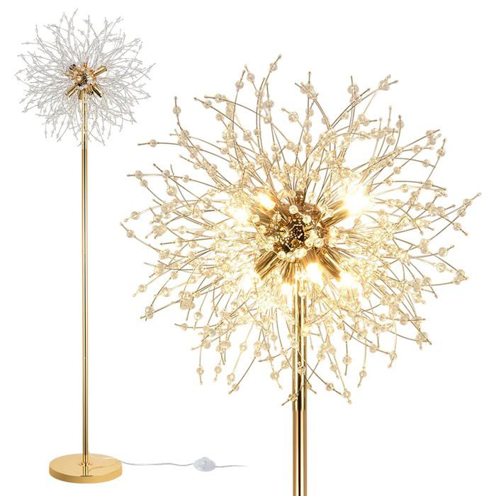 Lampadaire moderne 8 ampoules en cristal doré - hauteur 172 cm verre et métal interrupteur au pied pour salon
