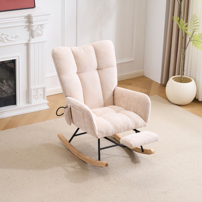 Fauteuil à bascule-63x92x89cm-Beige-acier robuste grand dossier，repose-pieds