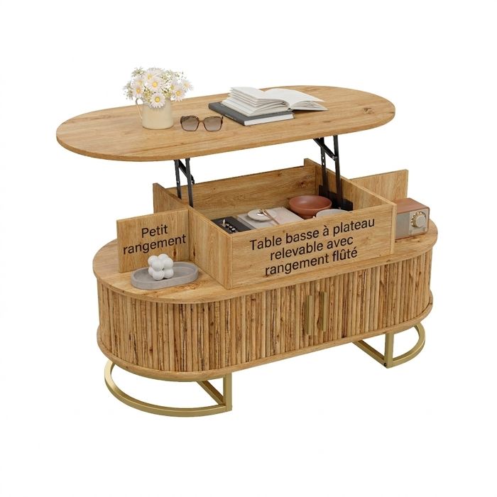 Table basse relevable ovale en MDF naturel avec rangement caché et portes coulissantes