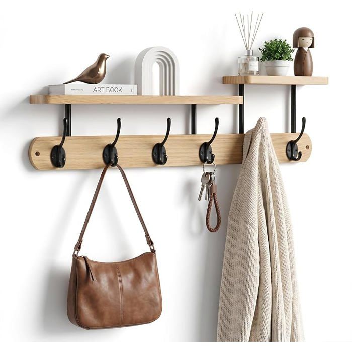 Porte Manteau Mural 59 cm avec Étagère à 2 Niveaux Patère Murale en Bois avec 6 Crochets Doubles Porte Clé Mural Natu ARMOIRE A CLE