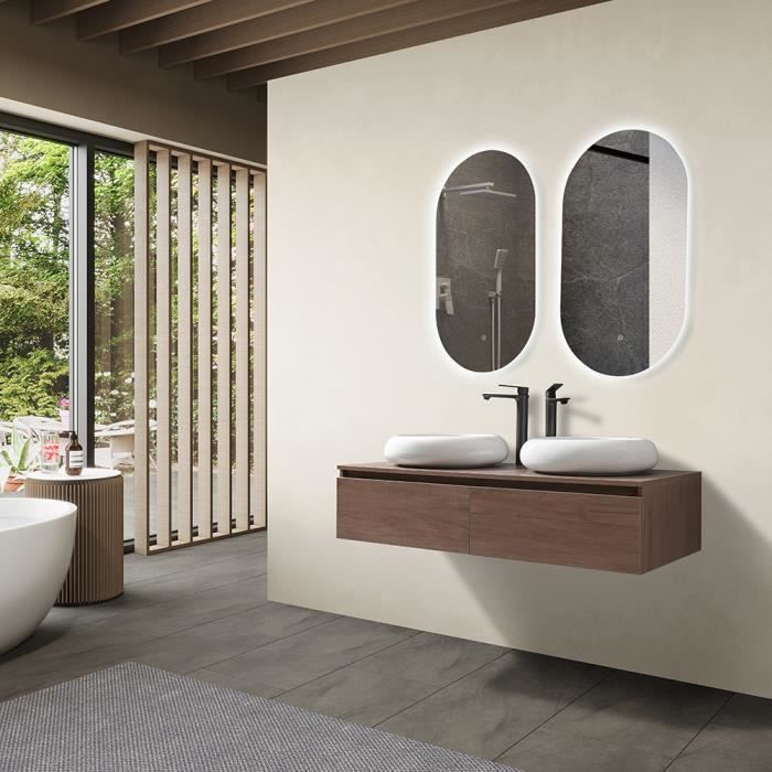 LuxuryBain - Meuble de salle de bain double vasque 120cm bois foncé avec miroir led LB-1006