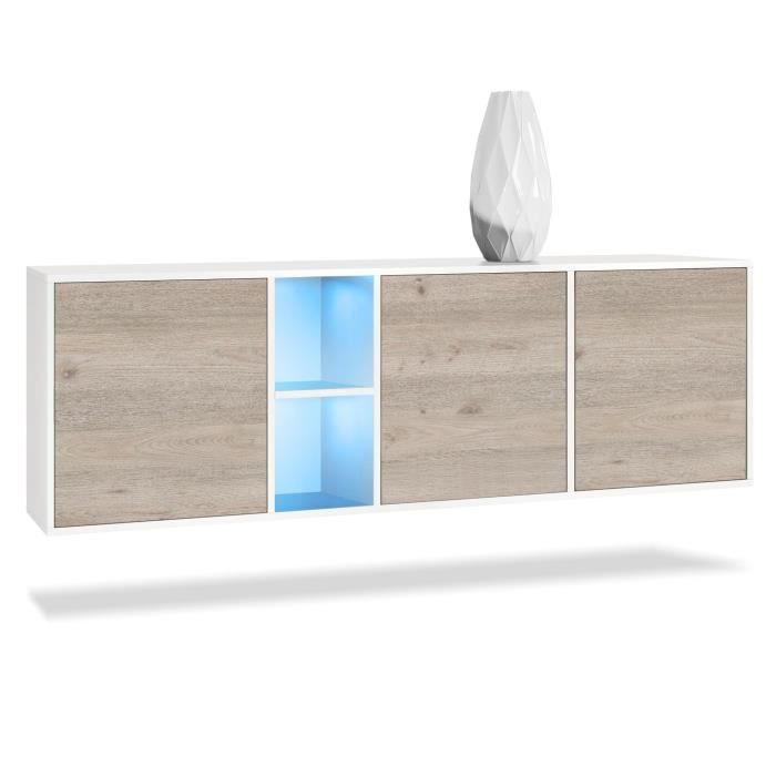 Vladon Buffet Armoire Cuba, Corps en Blanc mat Façades en Chêne