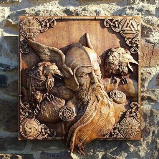 Odin - Sculpture Murale En Bois Avec Icône De La Mythologie Viking Odin Ravens Décor Suspendu Pour La Cuisin