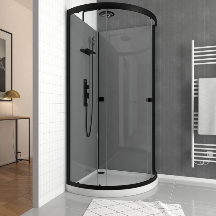 Cabine de douche 1/4 de cercle 90x90x207/222 cm - Receveur bas - Fonds Gris Profilés Noir Mat - FOGGY LOW Cabine de douche 1/4 de cercle 90x90x207/222 cm - Receveur bas - Fonds Gris Profilés Noir Mat - FOGGY LOW
