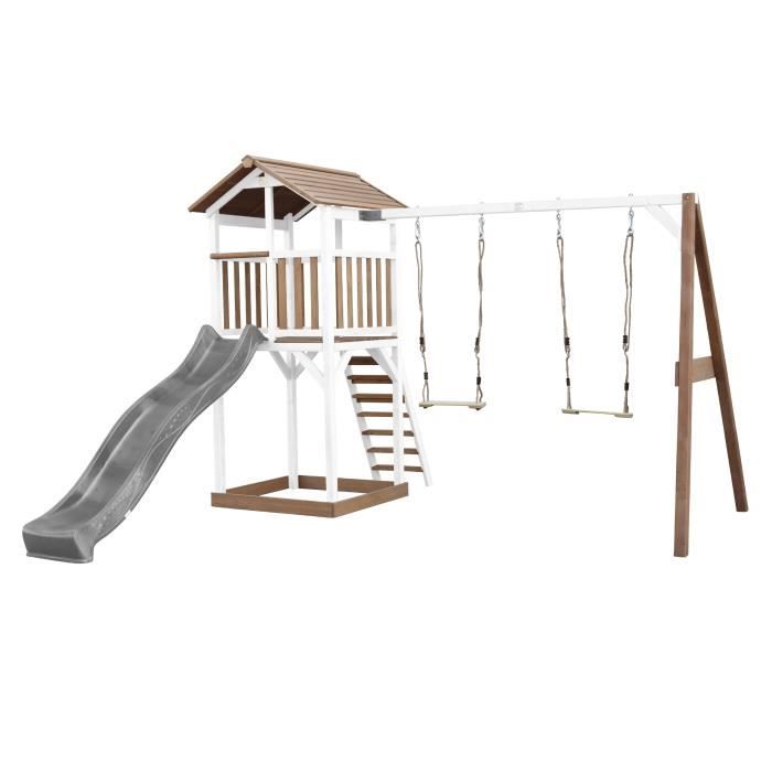 AXI Beach Tower Aire de Jeux avec Toboggan en gris, 2 Balançoires & Bac à Sable | Grande Maison enfant extérieur en marron & blanc