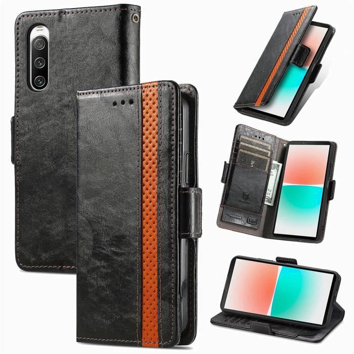 Étui Portefeuille Rabat Pour Sony Xperia 10 II - Cuir Artificiel Noir - 3 Fentes Cartes - Neuf