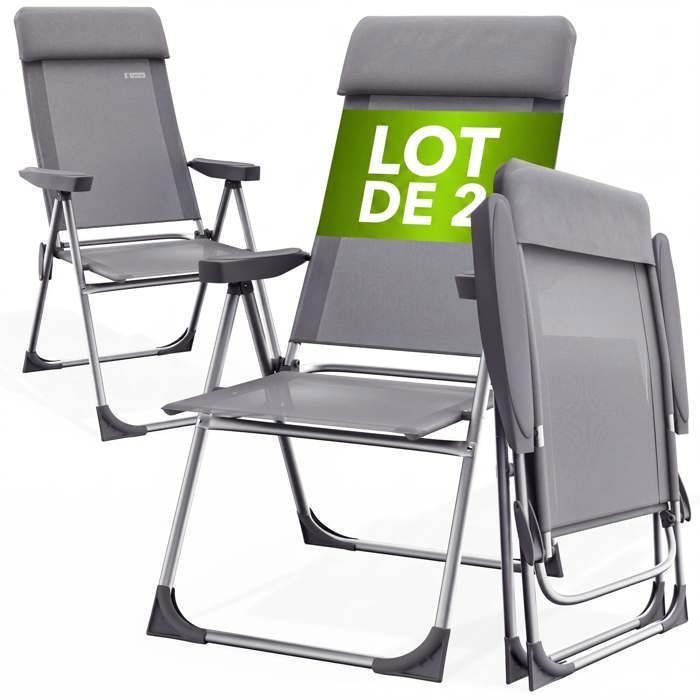 Lot de 2 chaises de jardin pliantes CASARIA® en aluminium avec accoudoirs Dossier haut réglable en 7 positions Chaises de camping