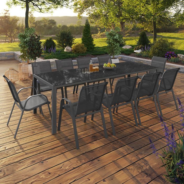 ID MARKET Ensemble table 240 cm fixe et 10 chaises chaises MADRID gris anthracite empilable ID MARKET Ensemble table 240 cm fixe et 10 chaises chaises MADRID gris anthracite empilable
